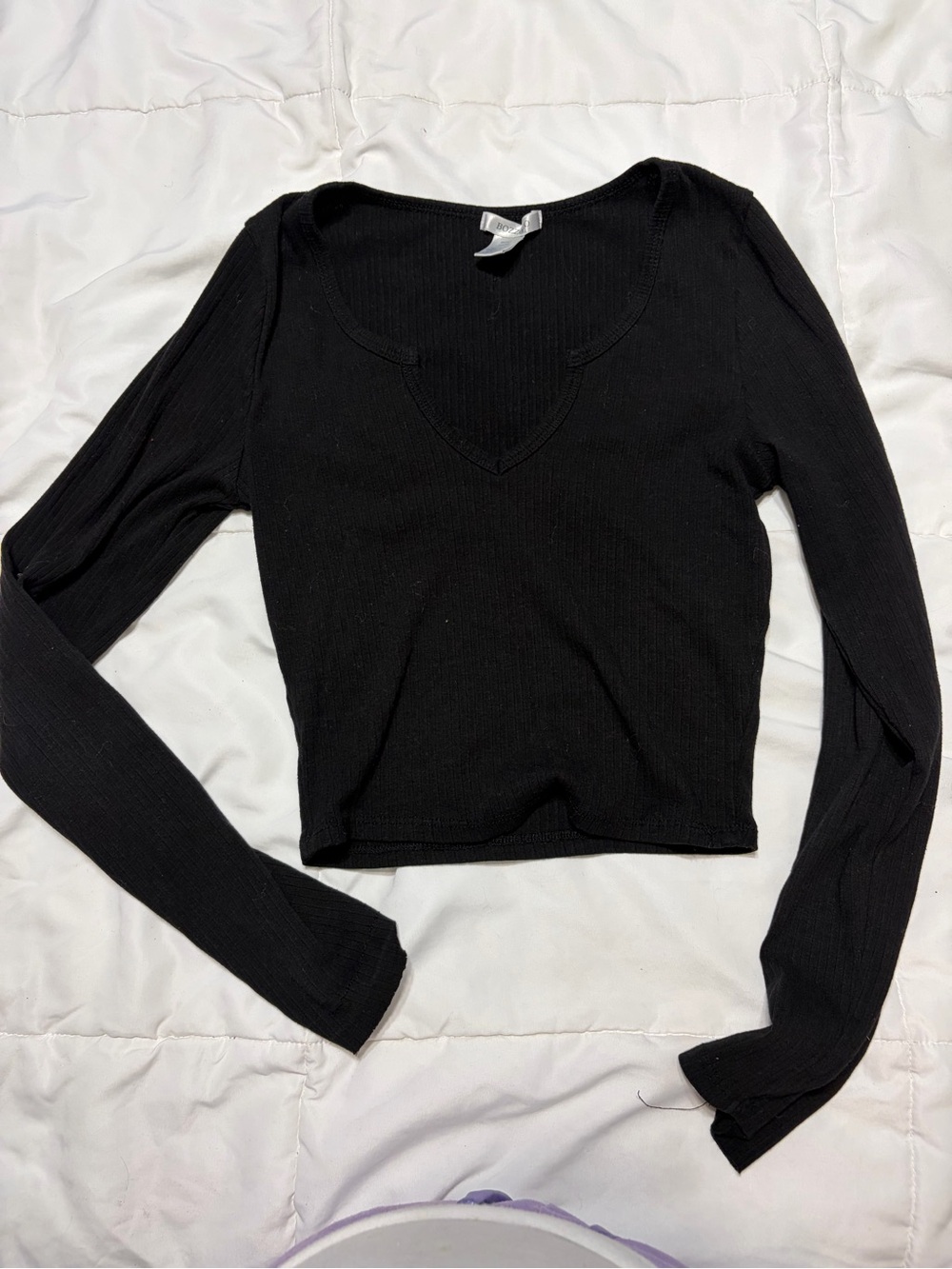 Bozzolo Black Ribbed Long-Sleeve V-Neck Top